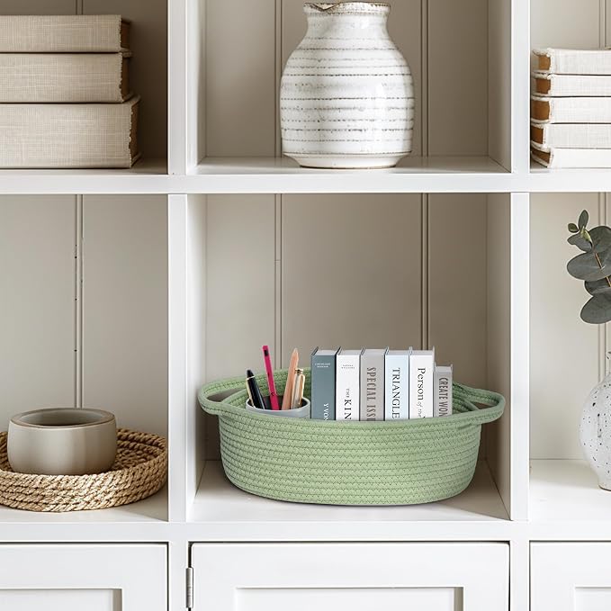 Small Baskets for Gifts Empty, 13"x 9"x 5" Woven Gift Basket with Bag and Ribbon, Cotton Rope Kids Dog Cat Toy Bin Box, Cute Baby Nursery Organizer, Decorative Storage with Handles, Green