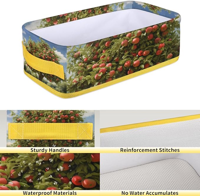 Orchard Apples Tree Bathroom Storage Basket, Foldable with Handle Open Countertop Paper Towel Decorative Box, Toilet Tank Top Shelf Baskets for Home Closet Bedroom Living Room Office