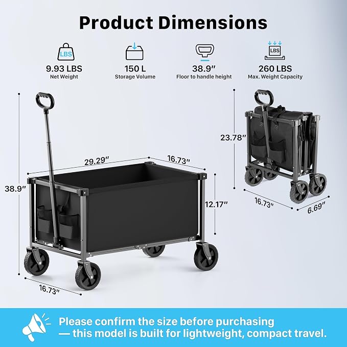 29.3" Collapsible Wagon Cart, 150L Heavy Duty Folding Utility Wagon with Wheels, 260 lbs Load, Portable Rolling Cart for Garden, Shopping, Sports, Camping, Black