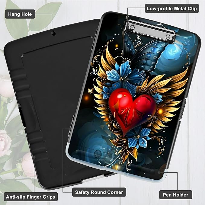 Winged Heart A4 Clipboard with Storage Pen Holder, Clipboards Organizer Nursing Clipboard Foldable File Folder Plastic Clipboard Folio Clip Board for Office Students Classroom Doctor