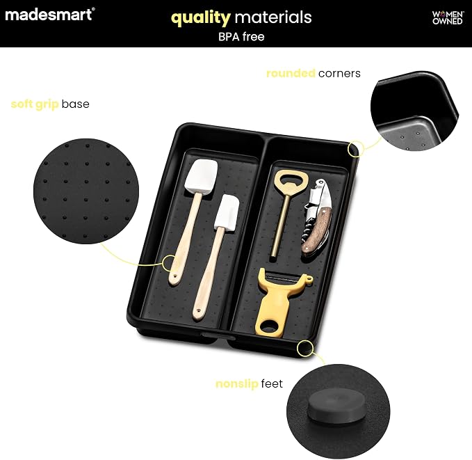 madesmart Classic 2 Compartment Compact Utensil Tray, Carbon | non slip feet, rounded corners, soft grip lining, wide channels, spatulas whisks tongs, ladles serving spoons, woman owned