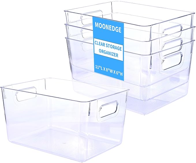 MOONEDGE 4 Pack Clear Plastic Storage Bins 11x8x6in Storage Containers | Drawer Organizer with Handles, Clear Bins for Organizing, Pantry, Kitchen, Fridge, Bath, Cabinet, Closet Shelf, Under-Sink