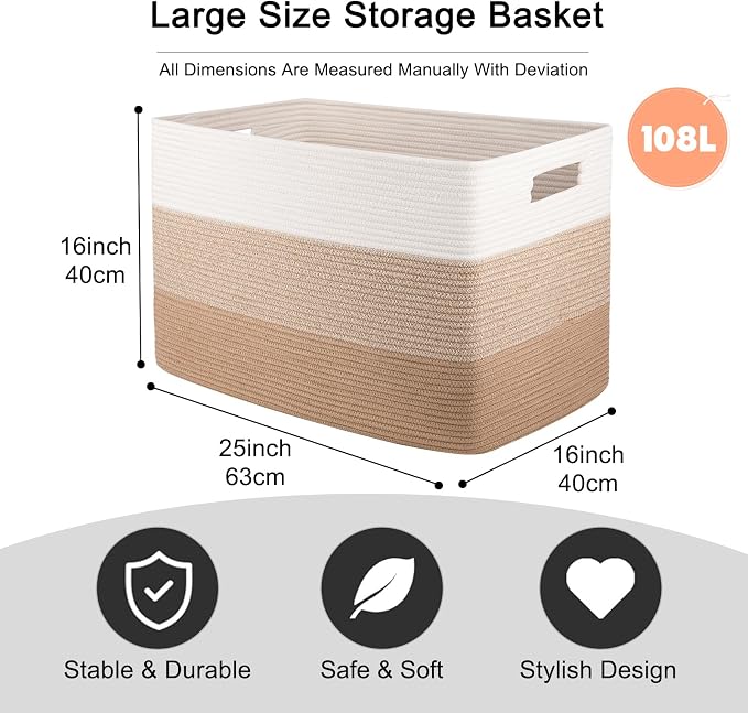 OIAHOMY 108L Extra Large Blanket Basket Dog Toy Basket Light Brown | Rectangle Woven Baskets for Storage Cotton Rope Basket For Living Room Toy Storage Blanket Storage Laundry Basket