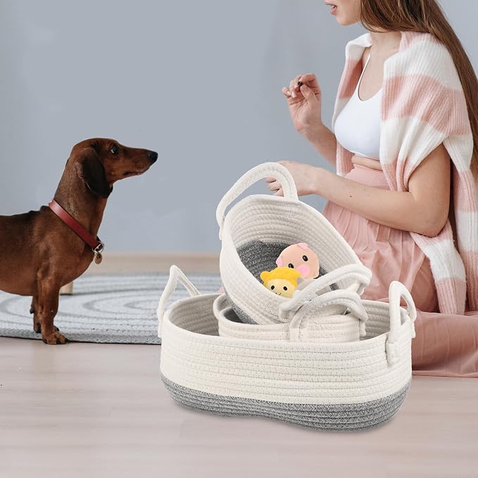 3pcs Woven Cotton Rope Storage Basket Set, Multipurpose Dog Organizer Containers for Pet Supplies, Sturdy Wicker Bins for Home and Nursery Storage
