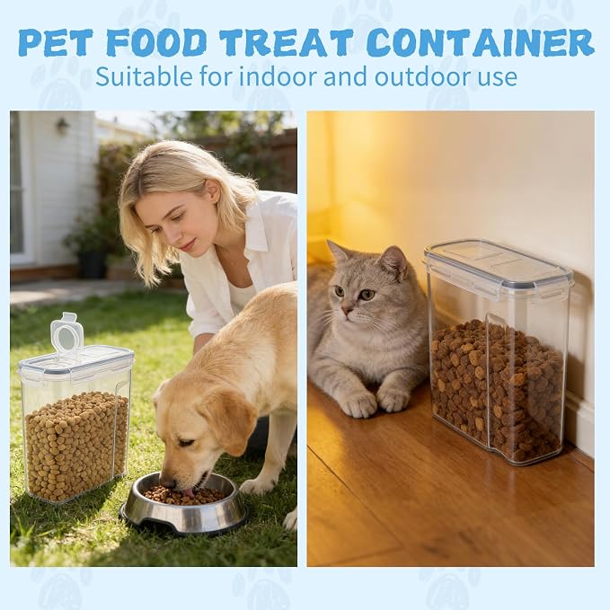 2 Pack Dog Food Storage Container Airtight - 5-7Lbs Pet Dog Cat Food Container with Lid, Scoop and Measuring Cup, Clear Plastic Dry Food Storage Bin for Dogs, Cats, Bird, Rice