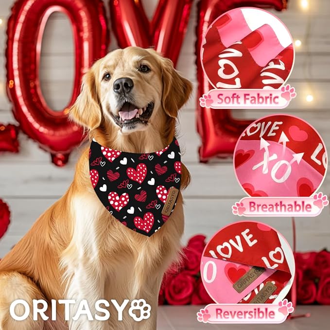 Valentines Day Dog Bandanas, 2-Pack Triangle Reversible Valentine Pet Scarves, Premium Fabric, Bandana for All Boys Girls Dogs (S, Style 2)