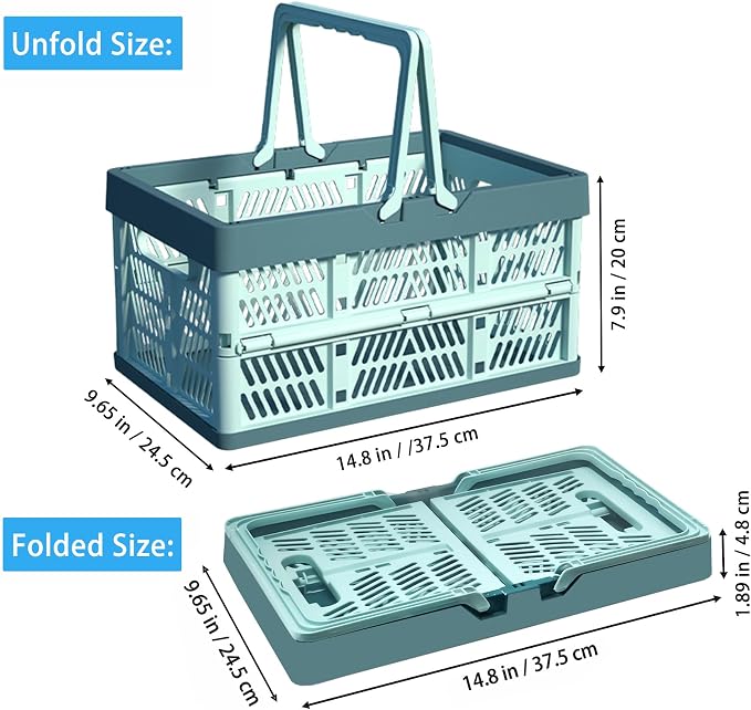 Collapsible Plastic Storage Crate - 20L Folding Organizer Basket Portable Stacking Storage Crate Bin with Handle, for Camping, Picnic, Car Trunk, Home Storage (Blue, M)