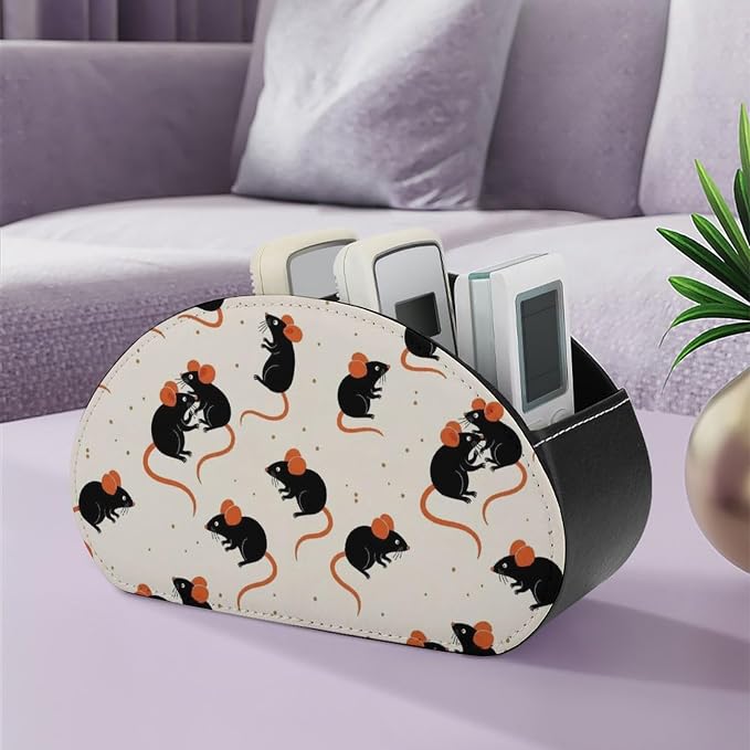Remote Control Holder Cute Rat 5-Slot Office Storage Caddy Box | Makeup Brush Organizer, Pu Leather, Cute Rat Desktop Accessory for TV Remotes Media Player