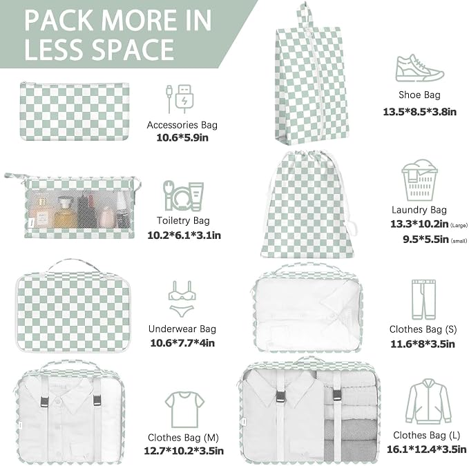 KPX 8 Set Packing Cubes for Travel, Luggage Packing Organizers Accessories Large Toiletries Bag for Clothes Shoes Cosmetics (8Set-Green Checkered)