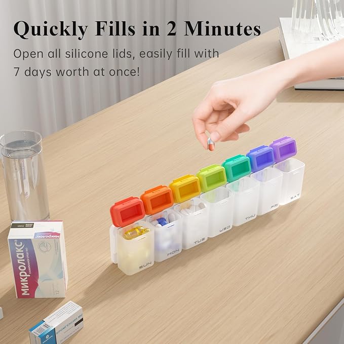 KOVIUU Weekly Pill Organizer, Magnetic Medicine Vitamin Case 1 Time a Day | Week Once Daily Supplement Box, Removable Medication Container Holder for Fridge, 7 Day Large Travel Pill Dispenser, White