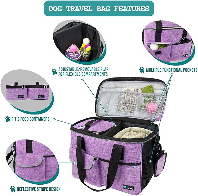 PetAmi Dog Travel Bag Organizer, Pet Supplies Diaper Tote, Purple Medium | Pet Travel Kit with 2 Food Containers & 2 Collapsible Dog Bowls, Luggage Sleeve, Weekend Getaway Road Trip Camping Essentials
