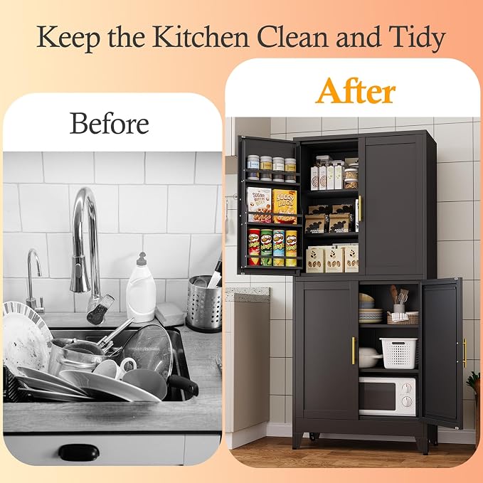Black Kitchen Pantry Storage Cabinet, 75" Metal Storage Cabinet | Steel Storage with Doors and 3 Adjustable Shelves, Metal Freestanding Buffet Cupboards Sideboard, for Office, Home, School