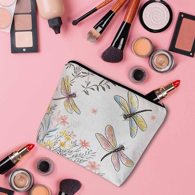 Makeup Bag For Purse Dragonfly, Garden Dragonflies Flowers Nature Cosmetic Bags For Women With Zipper Travel Toiletry Pouch Makeup Bags Makeup Organizers Purse For Toiletries Cosmetics