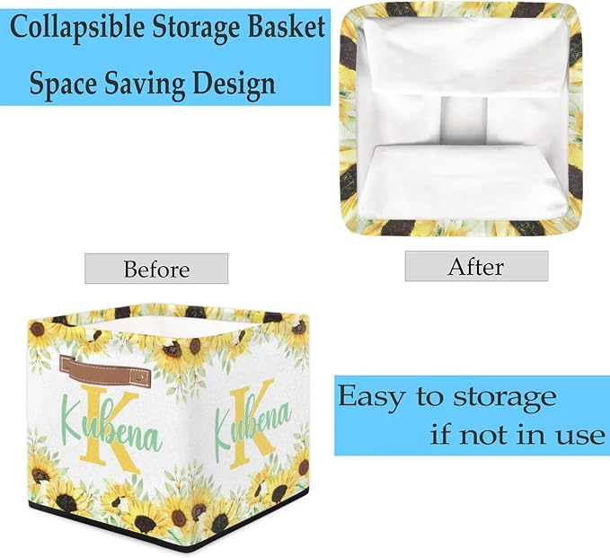Personalized Initial-Name Sunflower Storage Baskets for Girls Women, Custom Portable Square Storage Bins with Handles Foldable Organizer for Clothes, Toys, Blanket, Towel,Pet 13”