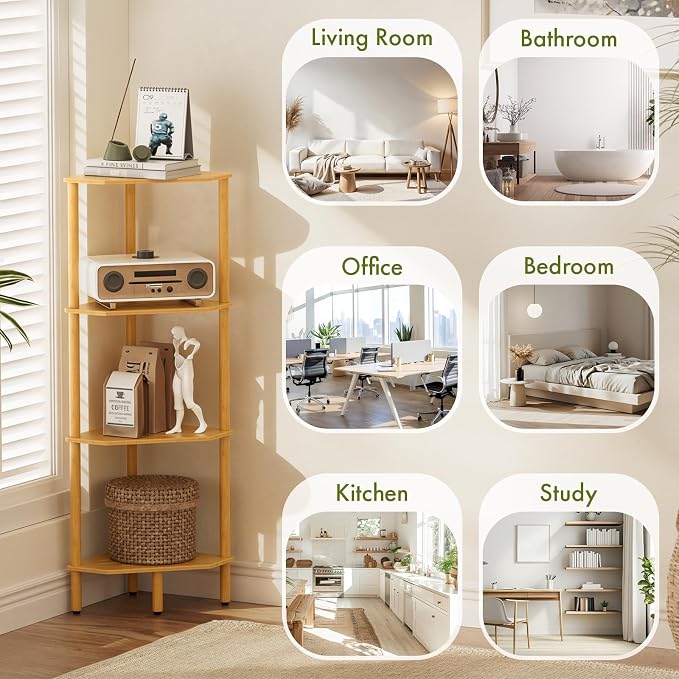 Corner Shelf Stand, 4 Tier Bamboo Corner Organizer, Narrow Tall Bookcase, Corner Shower Caddy, Plant Display Shelf, Open Storage Shelves for Living Room, Kitchen, Office, Balcony, Bathroom