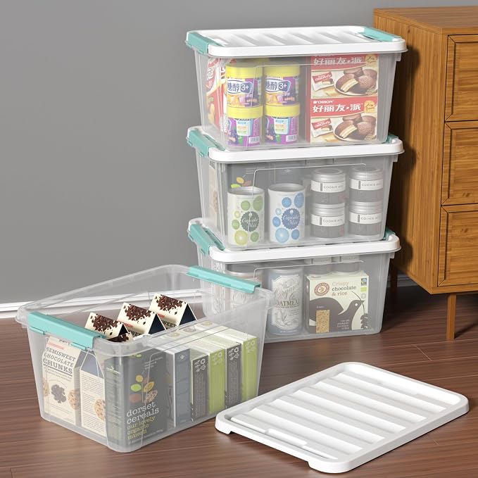 4-Pack 20 Quart Storage Bins with Lid, Clear | Stackable Plastic Storage Latches Box/Containers Tote See-Through Organizer for Closet, Pantry, Garage, Home Storage