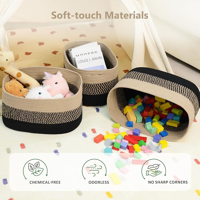ECDYQXVU 15x10x9 Inch Woven Cotton Rope Storage Basket, 2 Pack | Foldable Design, Built-in Handles, Space-saving Organizer for Living Room, Bedroom, Laundry, Shelves, Clothes, Towels
