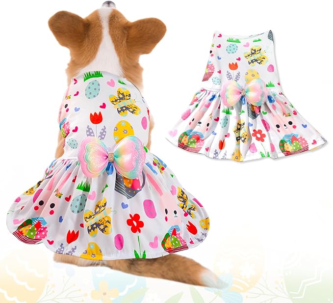 Easter Dog Costume Dress for Pets, Easter Bunny Pet Outfit Dogs Bow Clothes,White Puppy Skirt, Spring Dog Outfit,Size L (24.2-28.6 lbs)