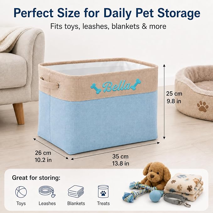 Personalized Dog Toy Storage Basket Bin with Embroidered Name | Customize a pet name and mirrored pet icons on a foldable fabric organizer for toys, leashes, blankets and pet supplies