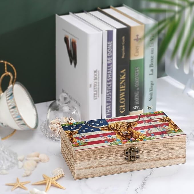 Wooden Keepsake Box for Letter Photo Gift Boxes with Hinged Lid, American | Flag Highland Cow Jewellery Organizer, Small Memory Storage Boxes, Holiday Party Favor Decor