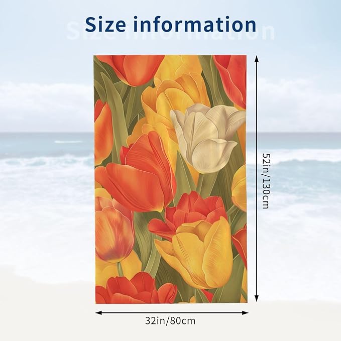 Tulip Beach Towel 31inx51in, Colorful Floral Sand-Free Microfiber Bath Towel Ultra Soft Quick Dry Pool Towel Absorbent Towel Lightweight Towel for Swimming Bathroom Decor