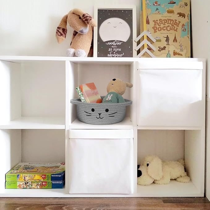Small Cat Toy Basket, 10”x10”x4” Gray Cotton Rope Storage Bin with Handles, Woven Cat Organizer Box for Indoor Pets, Cute Kitty Easter Basket Gifts Empty, Living Room Nursery Decor