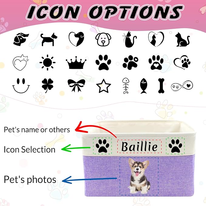 Personalized Dog Toy Basket Collapsible Storage Organizer Bin with Custom Pet Name Photo Foldable Canvas Box for Toys, Treats, Leash, Clothes Blankets Portable Handle Design