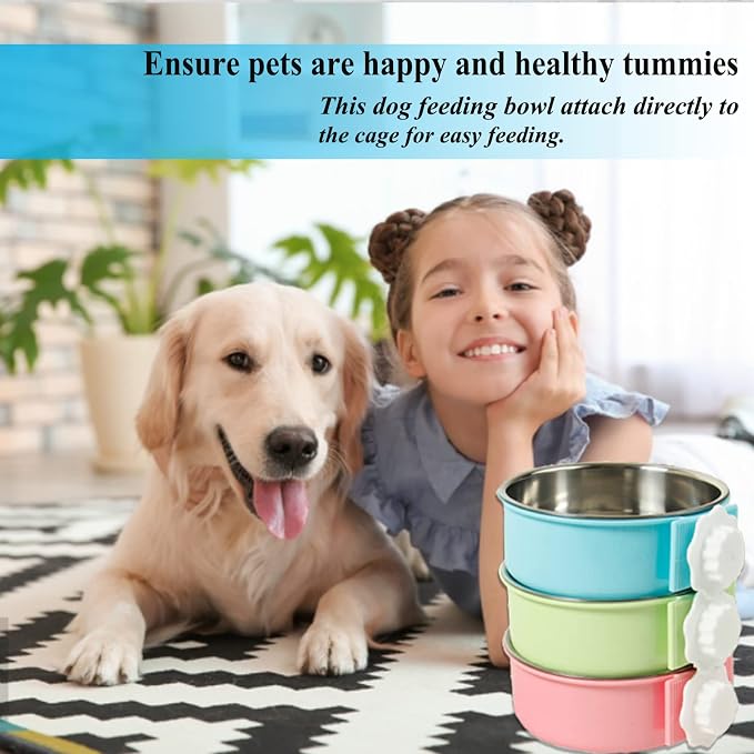 Mechpia 2 Pieces Crate Dog Bowl, Removable Stainless Steel Pet Kennel Hanging Food Water Feeder Bowl Cage Coop Cup for Puppy Medium Dog Cat Rabbit Ferret Bird (Blue,Green) (Pack of 2)
