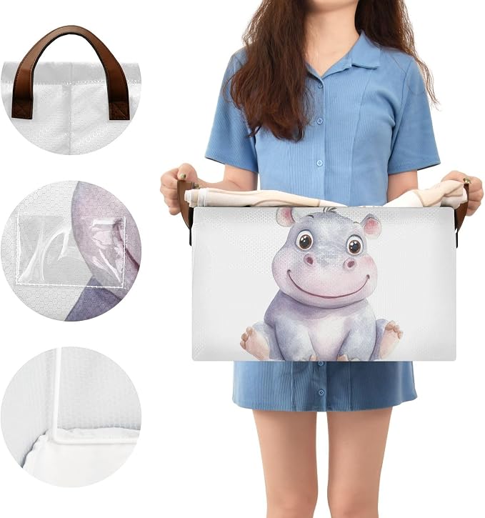 Cute Baby Hippopotamus Hippo Animal Storage Basket with Labels&Handles Rectangular Waterproof Nursery Storage Bins Collapsible Shelf Organizer Baskets for Kids Books Cloth Basket Toys Laundry, 2 PC