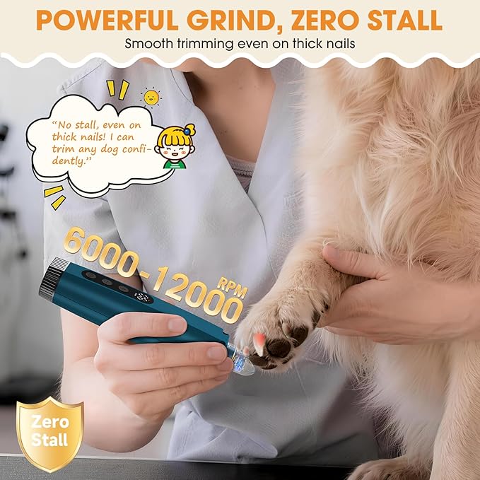 ATESON Dog Nail Grinder with LED Light, 6-Speed Quiet Electric Pet Nail Trimmers, Forward/Reverse, Powerful No-Stall Motor, 2000mAh Battery 8H Runtime, 95% Dust Capture for Dogs & Cats