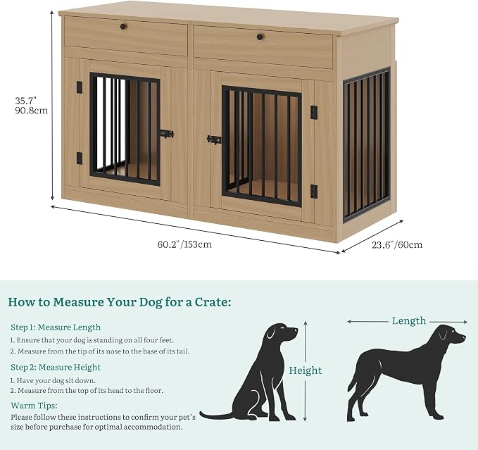 YITAHOME 60" Dog Crate Furniture with Removable Divider & Storage Drawers | Double Door Kennel with Locks for Medium and Large Dogs, Multi-functional Dog Crate End Table, Light Beige