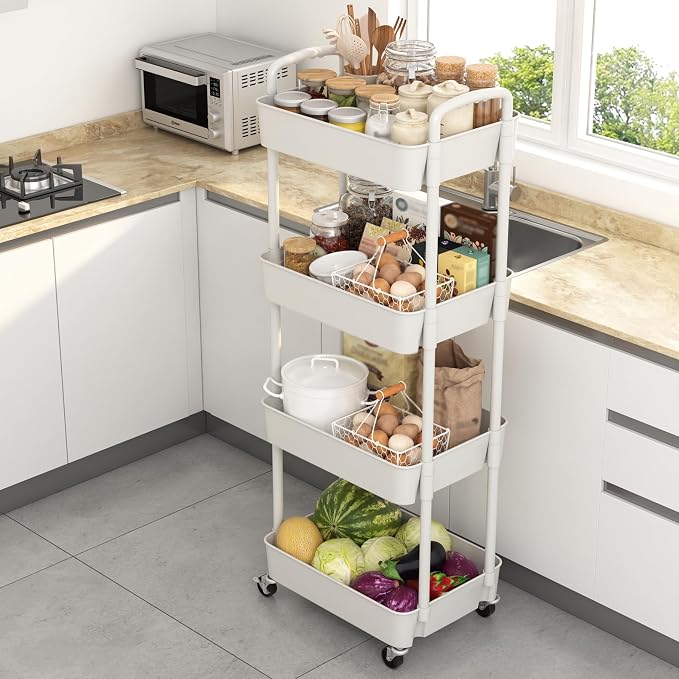 Sywhitta 4-Tier Plastic Rolling Utility Cart with Wheels for Storage,White | Multi-Functional Storage Trolley, for Office, Living Room, Kitchen, Bathroom,Movable Organizer,Space-Saving,Easy to assemble
