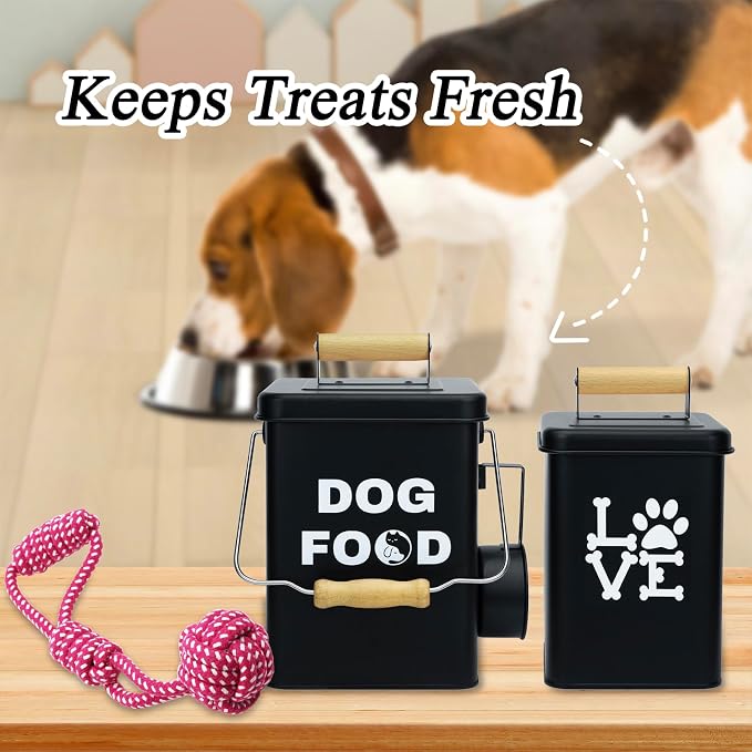 Dog Food Storage Container Set of 2 Dog Treat Container with Airtight Lids Dog Treat Jar with Scoop Metal Dog Food Holder with Wooden Handles for Kitchen Counter and Pantry Home Decor - Black