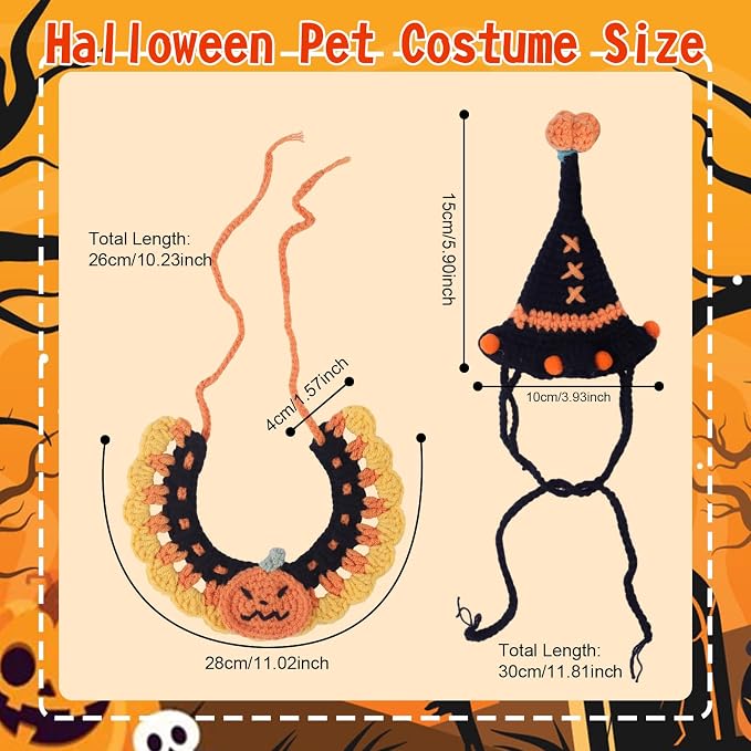 Kunyeah Halloween Pet Costume Set for Cats Small Dog Adjustable Knitted Hat Scarf Pumpkin & Witch Print Puppy Bib Cute Crochet Cat Collar Cap Pet Apparel Outfit (Orange-Pumpkin)