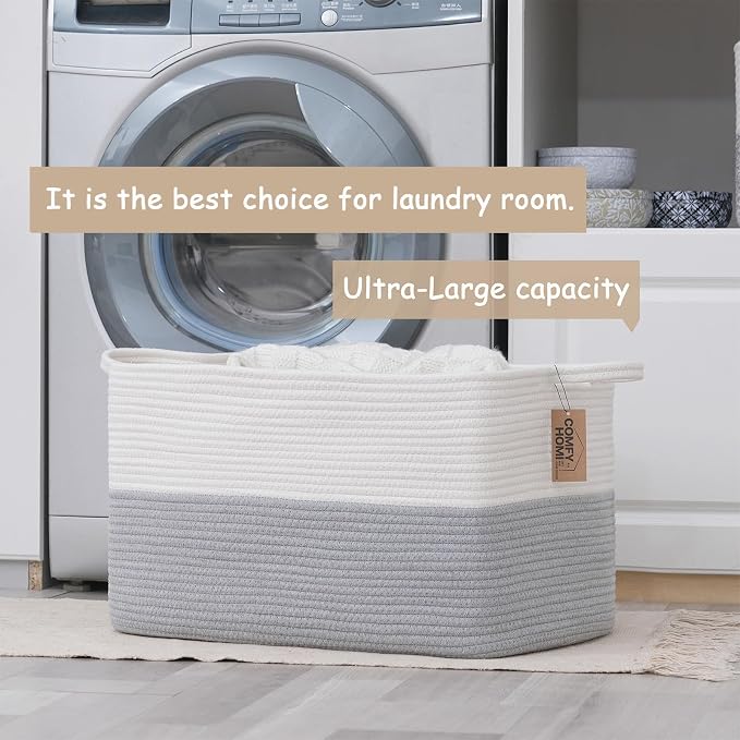 COMFY-HOMI Large Rectangular Blanket, Cotton Rope Woven for Storage, LaundryHamper, Storage,Toy Organizing Bin with Handle, Organizer and Storage-22x15x12-