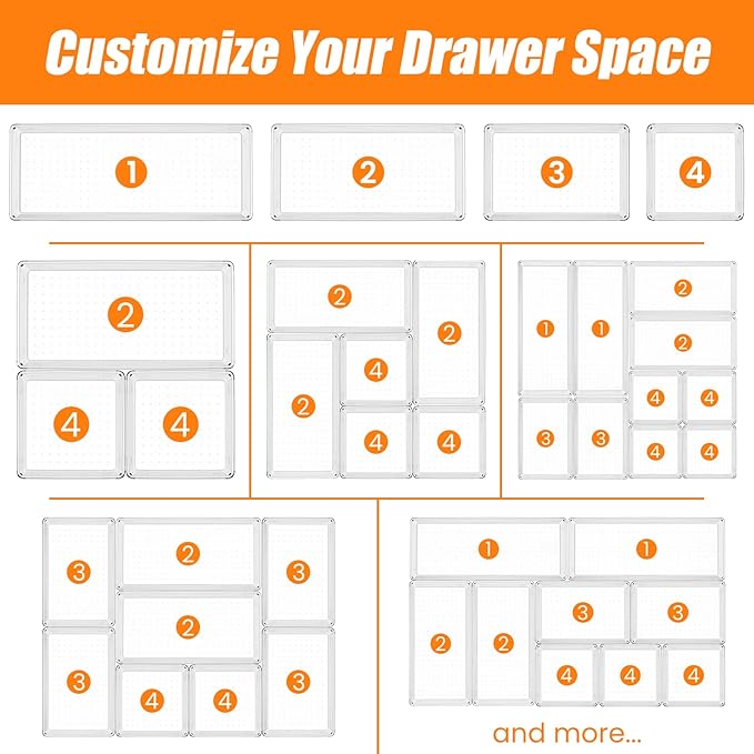 18 Pcs Large Size Clear Drawer Organizer Set, Acrylic Non Slip Non Cracking Kitchen Drawer Storage Tray Divider, Multifunctional Storage for Cosmetics, Bathroom, Tools, Kitchen and Office