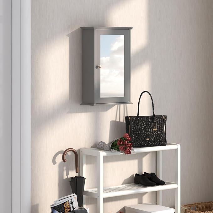 LOKO Bathroom Medicine Cabinet, Wall Mounted Storage Cabinet (Grey) | Single Mirrored Door | Adjustable Shelf | For Bathroom, Living Room, Entryway | 13.5 x 6 x 21 inches