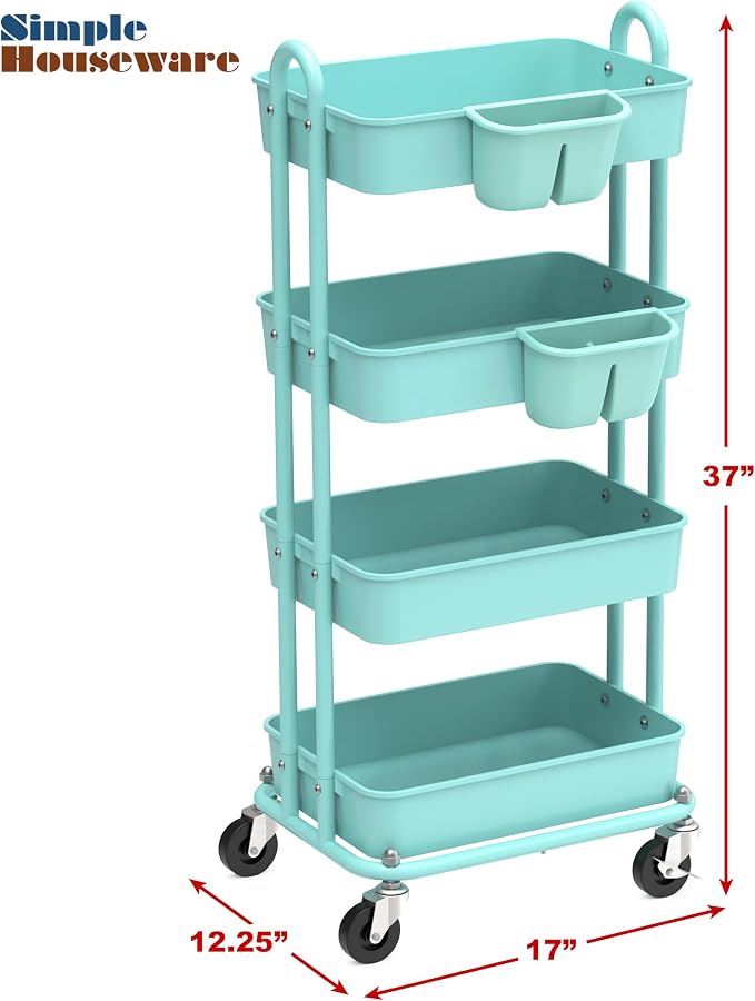 Simple Houseware 4-Tier Rolling Utility Cart with Hanging Bucket, Turquoise | Storage for Bathroom, Kitchen, Office, Study Room, Nursery Diaper