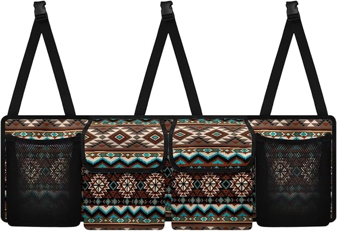 Dreaweet Native American Car Trunk Organizer,Aztec Tribal Geometric Backseat Hanging Large Storage with 4 Pockets Waterproof Collapsible Backseat Hanging Organizer,Cargo Storage Bag for SUV,Truck