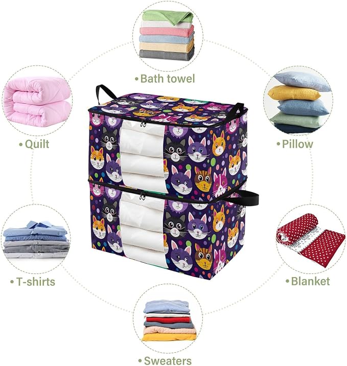 Generic Cute Cat Purple Clothes Storage Bag Bins 2 Pack Foldable Storage Containers Large Closet Organizer with Zipper Quilt Bag for Bed Sheets Clothing Comforters 95L, g355896692p976c1037s2358
