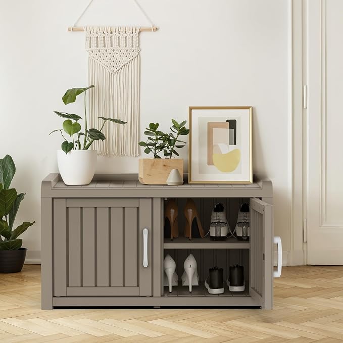 ROJIK Shoe Cabinet Storage Bench Indoor Outdoor, Waterproof UV-Resistant Resin Entryway Furniture with Adjustable Shelves for Hallway, Living Room and Bedroom (Double Door, Classic Grey)