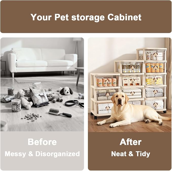 Dog Toy Storage Drawer with Wheels,5 Tier Large Capacity Stackable Bin for Pet Toys & Essentials, All-in-One Dog Stuff Storage Cabinet, Perfect for Living Room, Easy to Clean