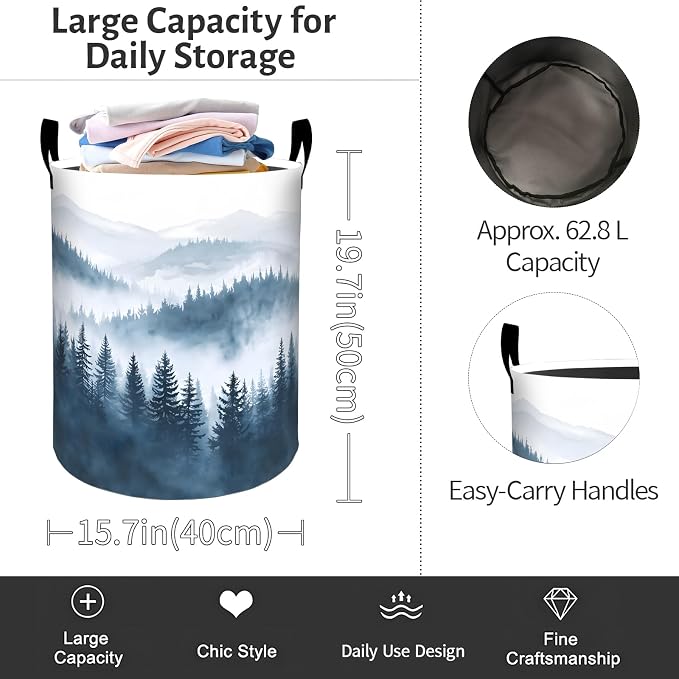 Foggy Forest Laundry Basket, Misty Pine Tree Foldable Oxford Cloth, Waterproof Dirty Clothes Hamper with Handles, Clothing Storage Bin Toy Organizer for Bedroom Dorm Bathroom, 19.7"x15.7"