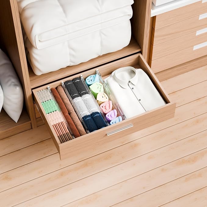 4 Pack 3.2 Inch Shallow Acrylic Drawer Dividers for Clothes -Expandable from 15-21''- Adjustable Drawer Dividers for Baby Clothing,Sock,Underwear,Clear in Drawer Separators for Dresser,Kitchen