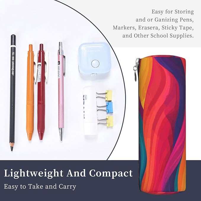 OSAM SPACE Leather Pencil Case Round Pencil Bag Colorful Waves Pen Organizer Holder Portable Zipper Pouch Cute School Supplies for Girls Boys Study Office