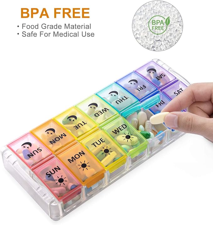 Fullicon Quick Fill, Large Pill Organizer 2 Times a Day, Rainbow Clear | Each Compartment Holds 13 Fish Oils or 12 Vitamins, BPA Free Food Grade Plastic, Prevents Pills Mixing, Two Side Buckle Locks
