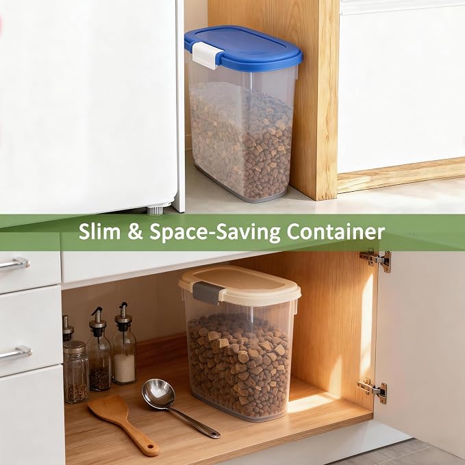 10-15 Lbs Dog Cat Pet Food Storage Container Airtight, Slim Dry Food Bin | Clear Plastic Food Container for Dogs, Cats, Bird Seeds, Kibble, Pellets, Rice, Flour, Food Container with Lid, Scoop and Cup