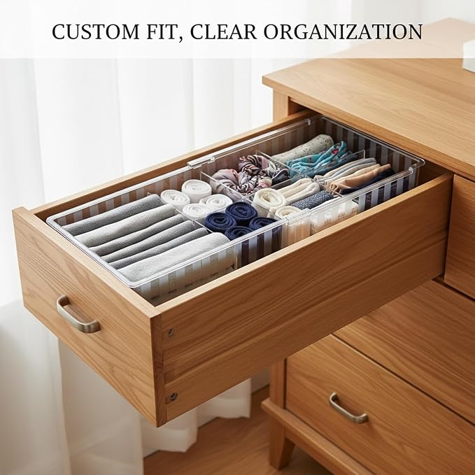 Expandable Drawer Divider Organizer, Adjustable PET Plastic Insert for Dresser or Kitchen Drawers