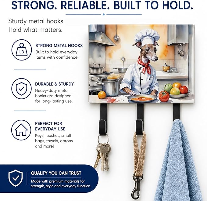Caroline's Treasures Italian Greyhound The Chef Leash or Key Holder Wall Hooks, Key Hooks Holder, Coat Rack Wall Mount, Coat Hooks, Hooks for Hanging Keys, Towels, Aprons, Leashes | Italian Greyhound The Chef artwork on ceramic tile with three steel ho...
