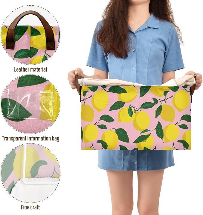 Light Pink Bg Yellow Lemon Storage Basket Foldable Cube Storage Bins with Handles&Label Waterproof Collapsible Organizer Box Bin Large Rectangle Decorative Baskets for Shelves Home Room Laundry-2 PC